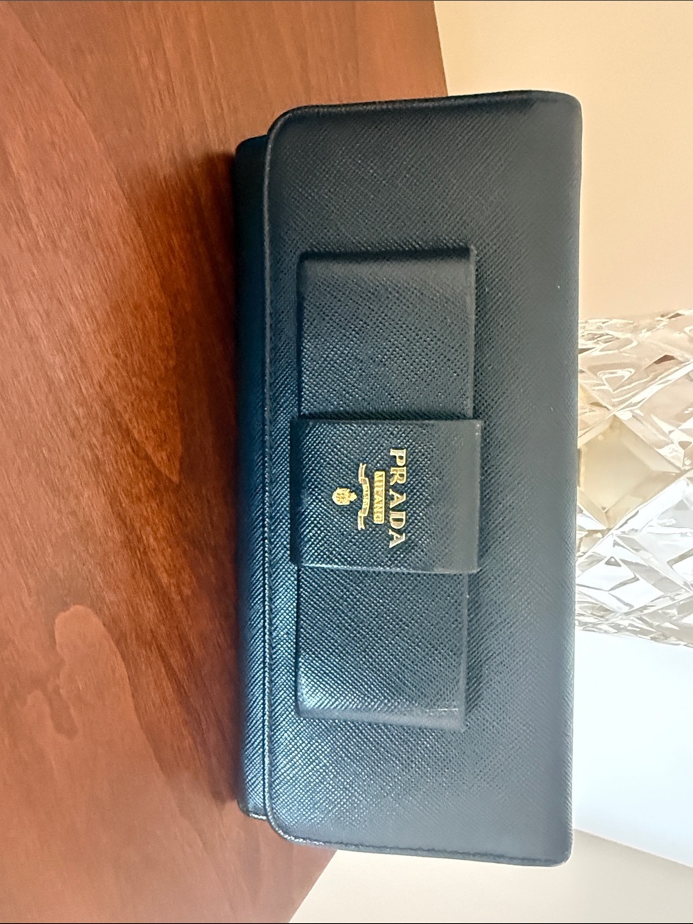 Prada Black Bow-Front Saffiano Continental Wallet with Gold Logo